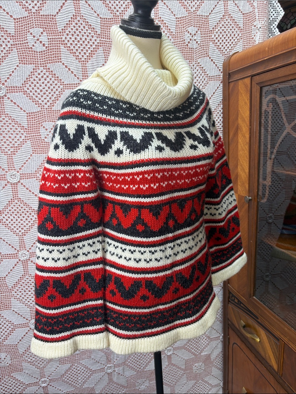Vintage Fair Isle Cowl Neck Sweater Red Black Cream Acrylic - Picture 8 of 11